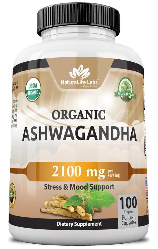 Bio Ashwagandha 2100 mg - 100 Veggie Kapseln Reines Bio-Ashwagandha-Pulver und Wurzelextrakt - Stressabbau Stimmungsverstärker